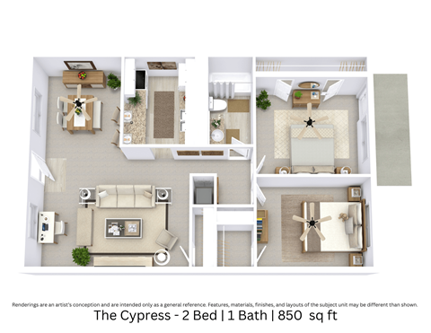 A 3D apartment plan showing the layout of 2 bedrooms, 1 bathroom, and arranged furnishings across 850 square feet.